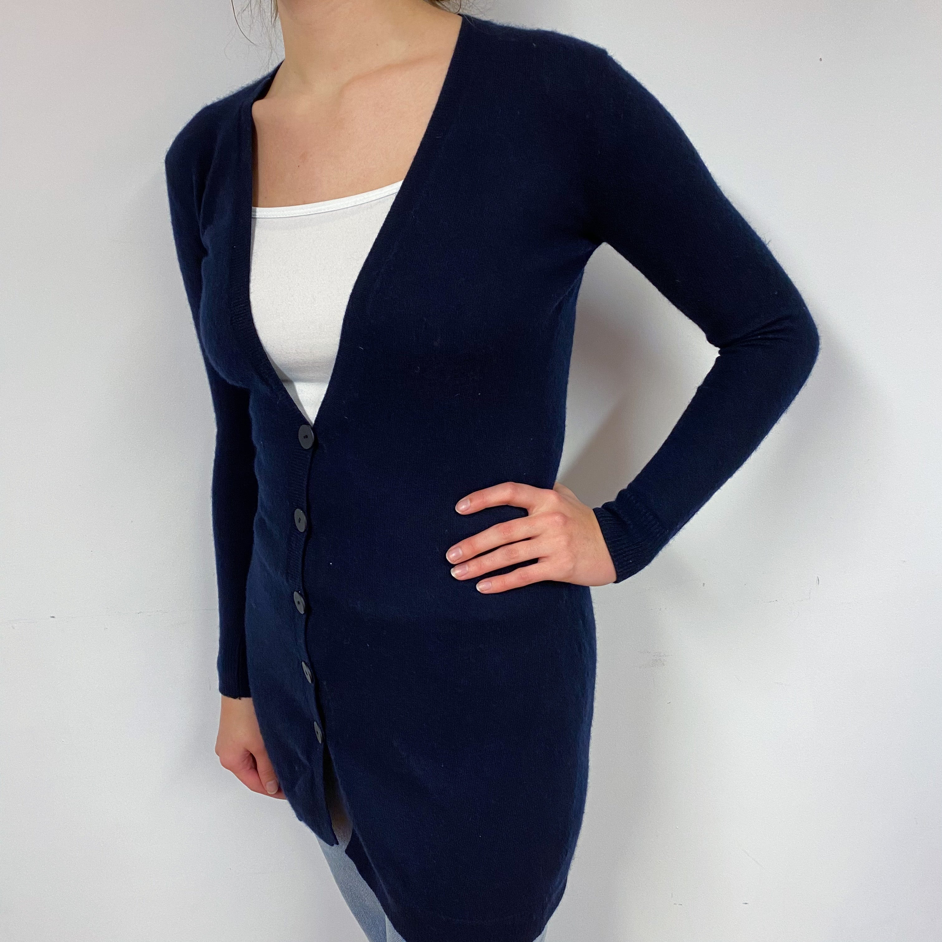 Dark Navy Longline Cashmere V-Neck Cardigan Small