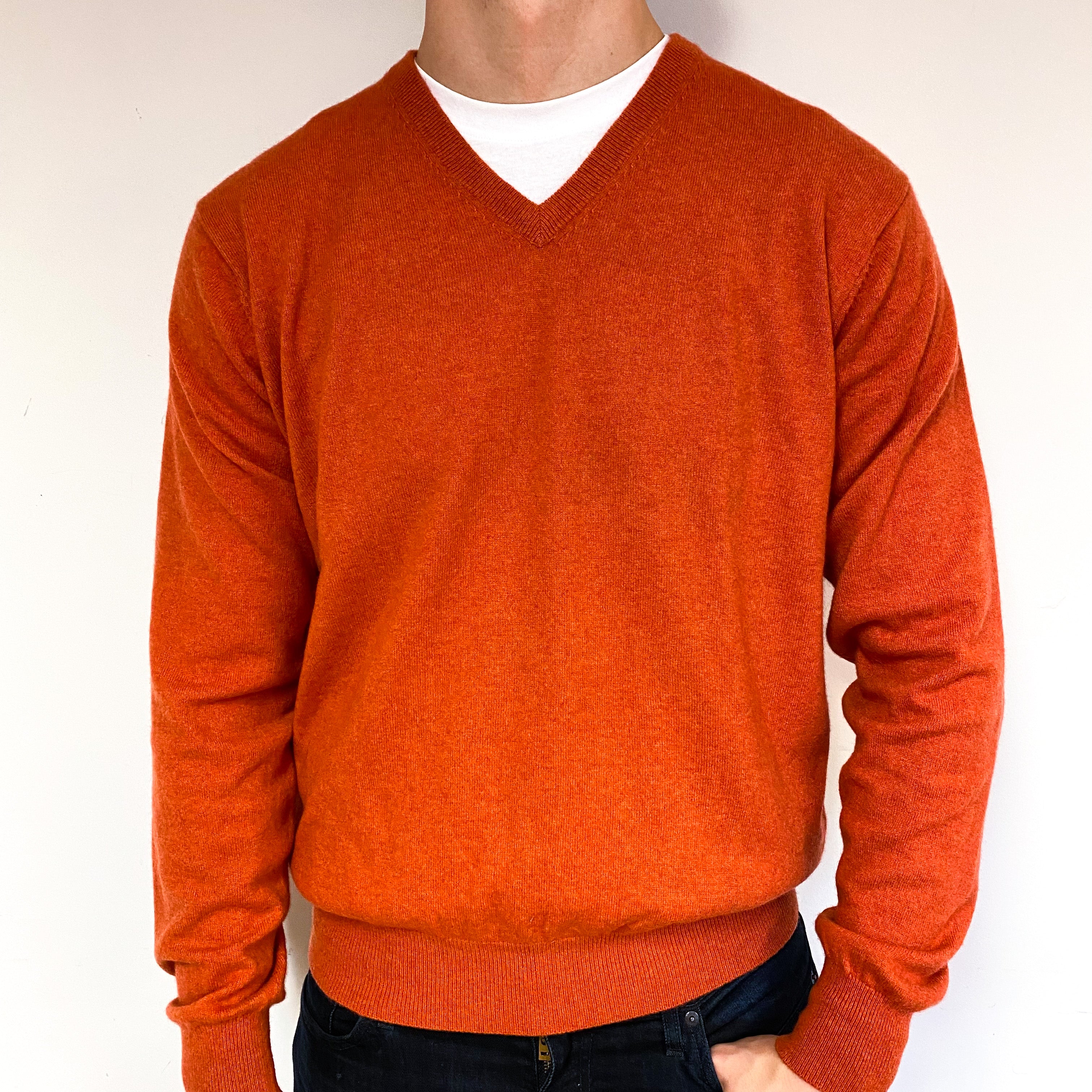 Men's Burnt Orange Cashmere V-Neck Jumper Extra Large