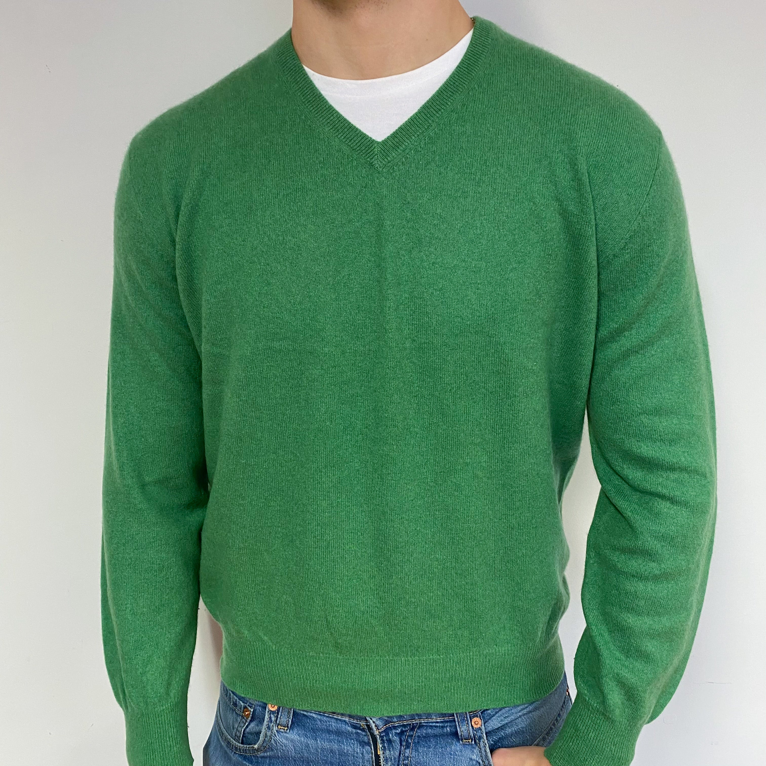 Men's Pear Green Cashmere V-Neck Jumper XL