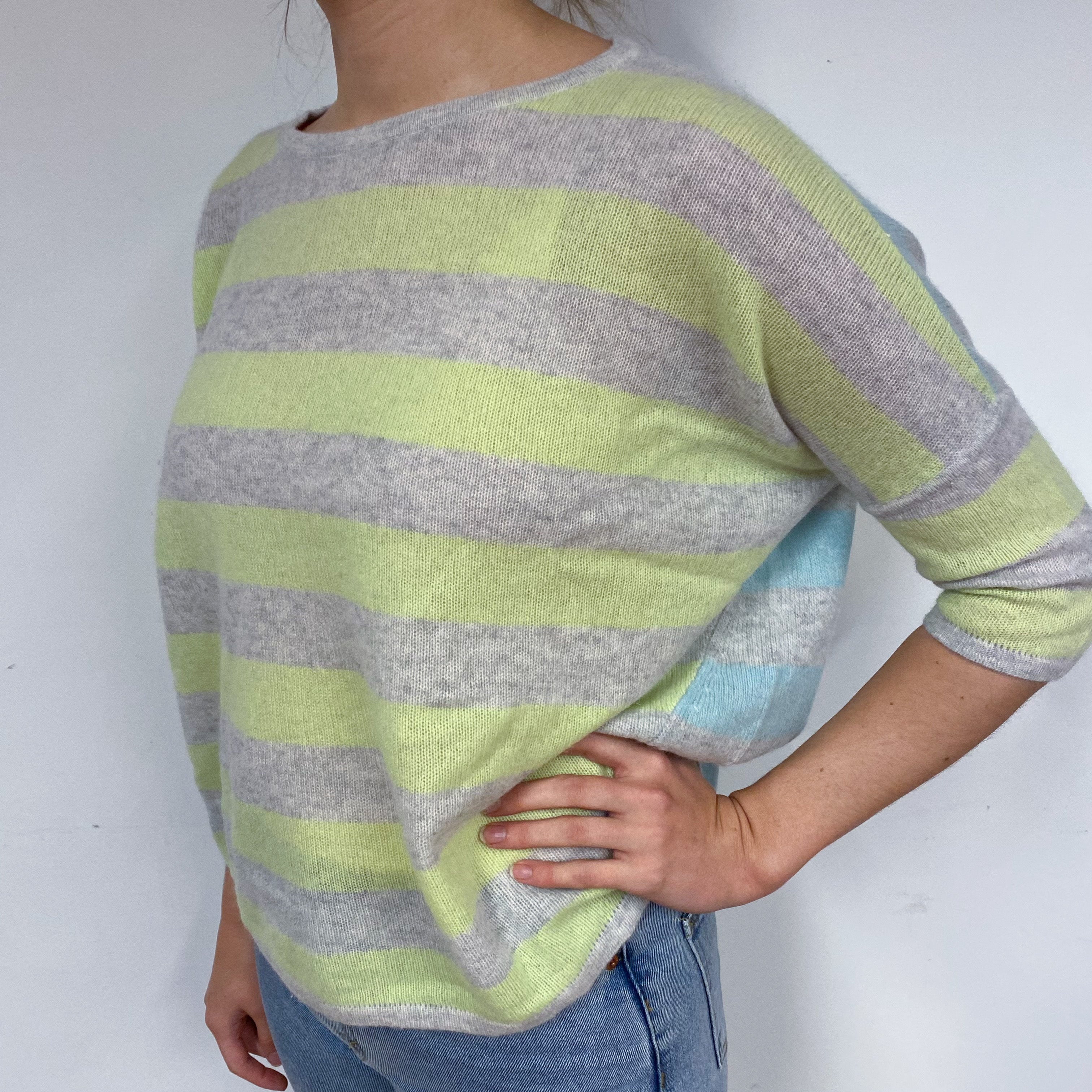 Lightweight Grey Striped Cashmere Crew Neck Jumper Small