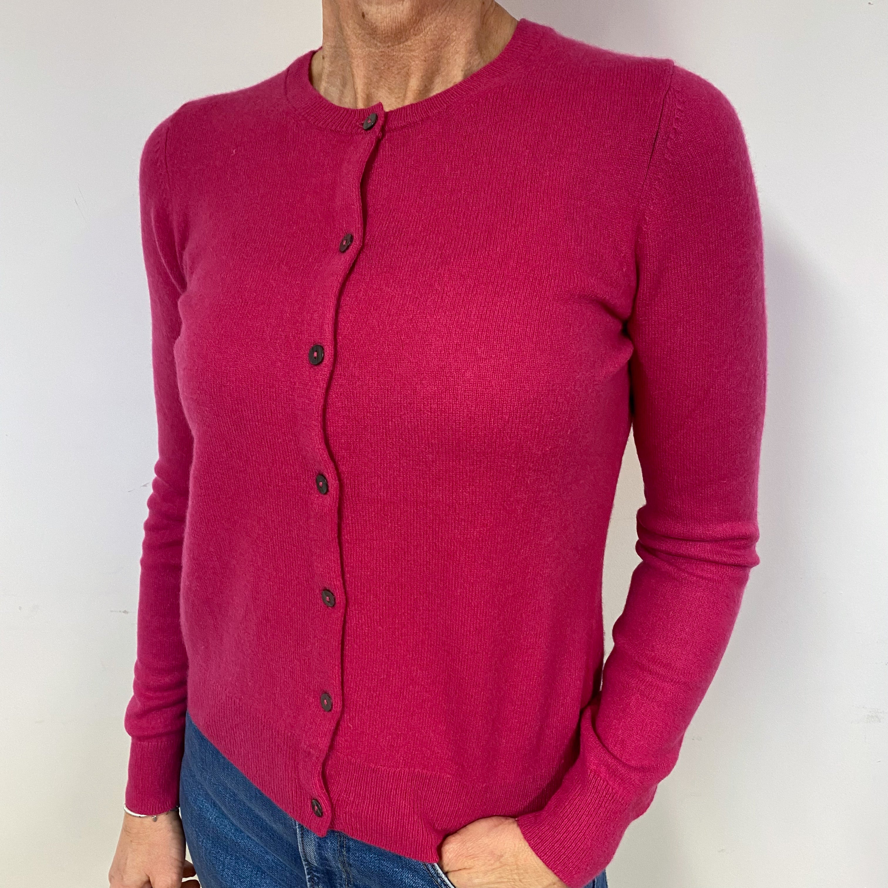 Fuchsia Pink Cashmere Crew Neck Cardigan Medium