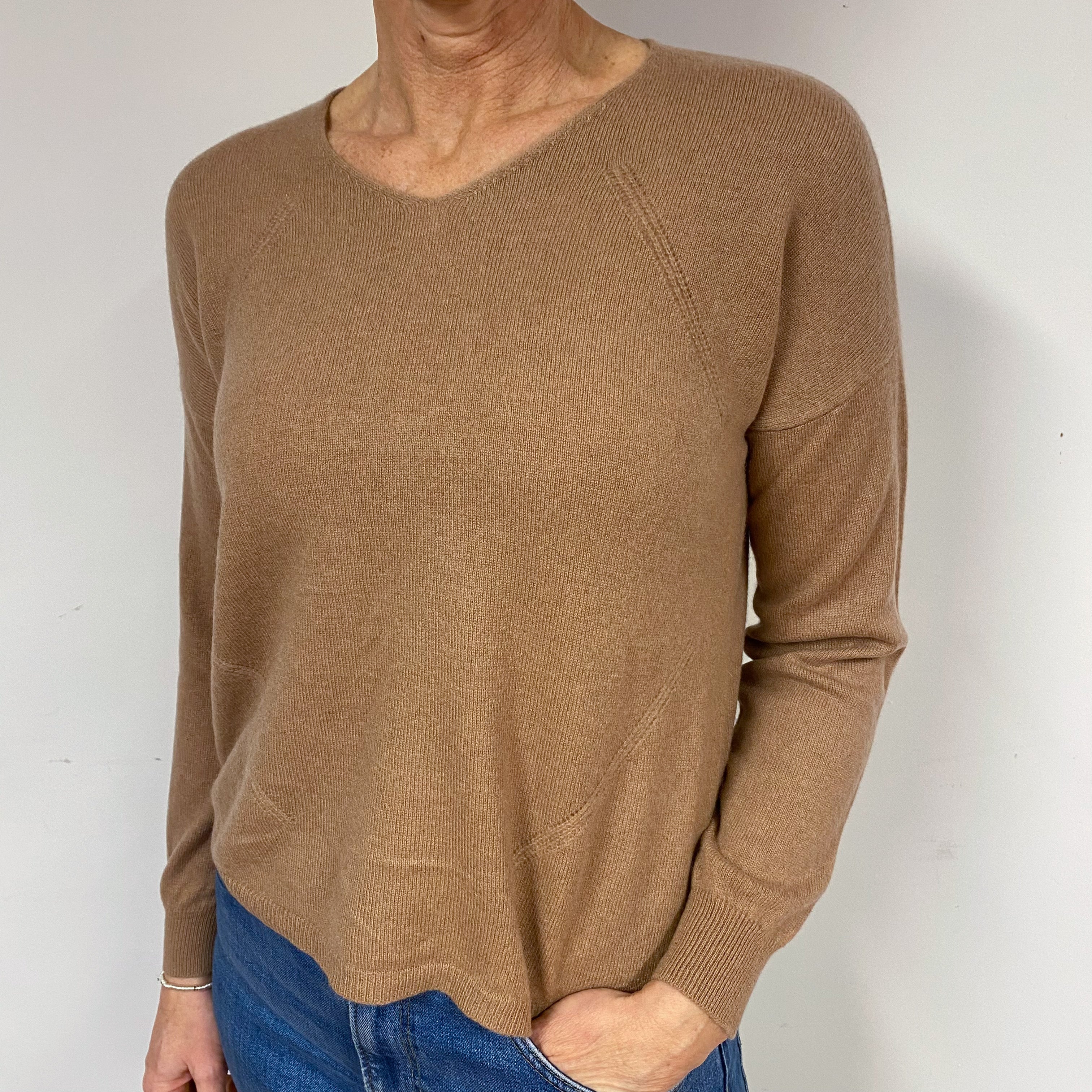 Camel Brown Cashmere V-Neck Jumper Medium