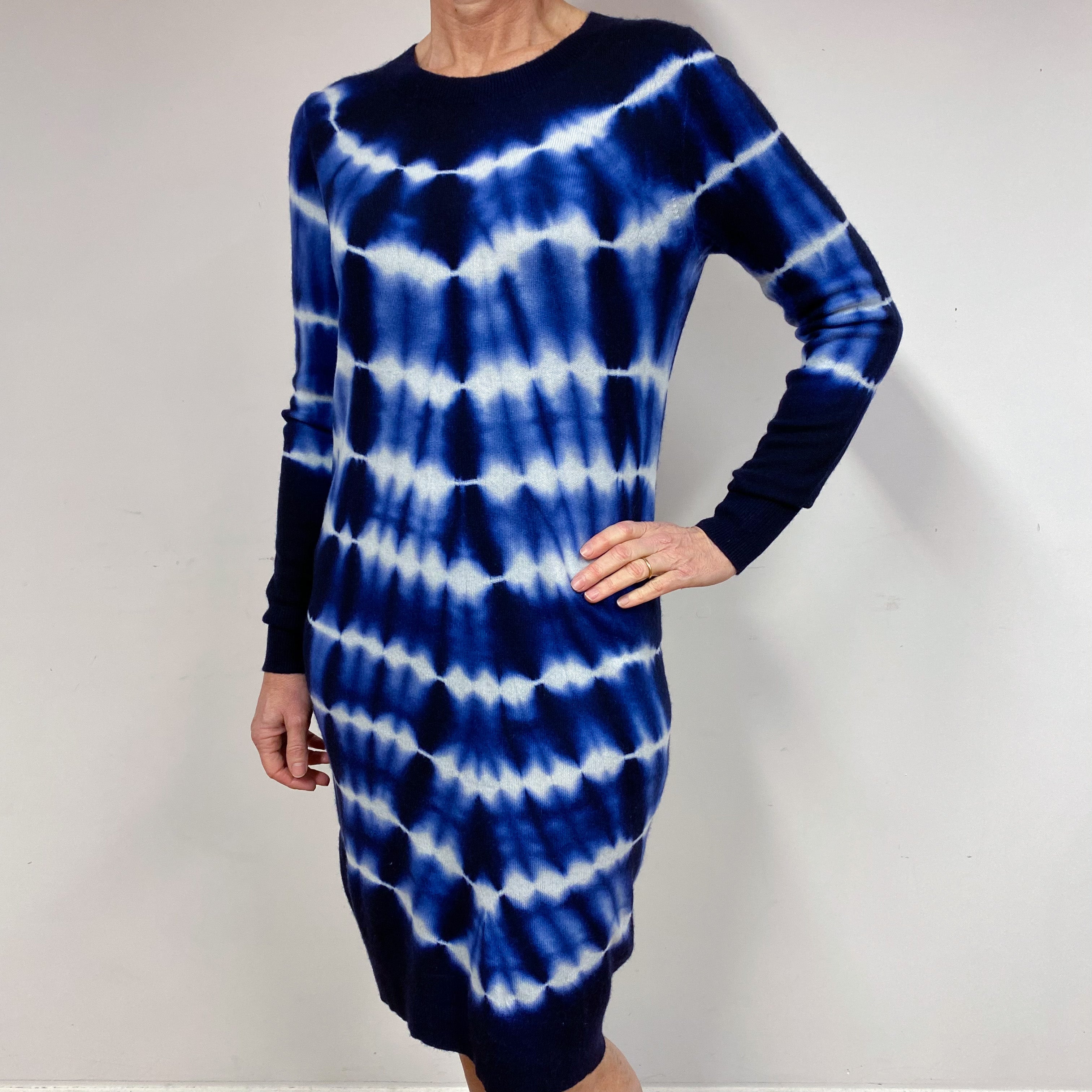 Blue Tie Dye Cashmere Crew Neck Dress Medium