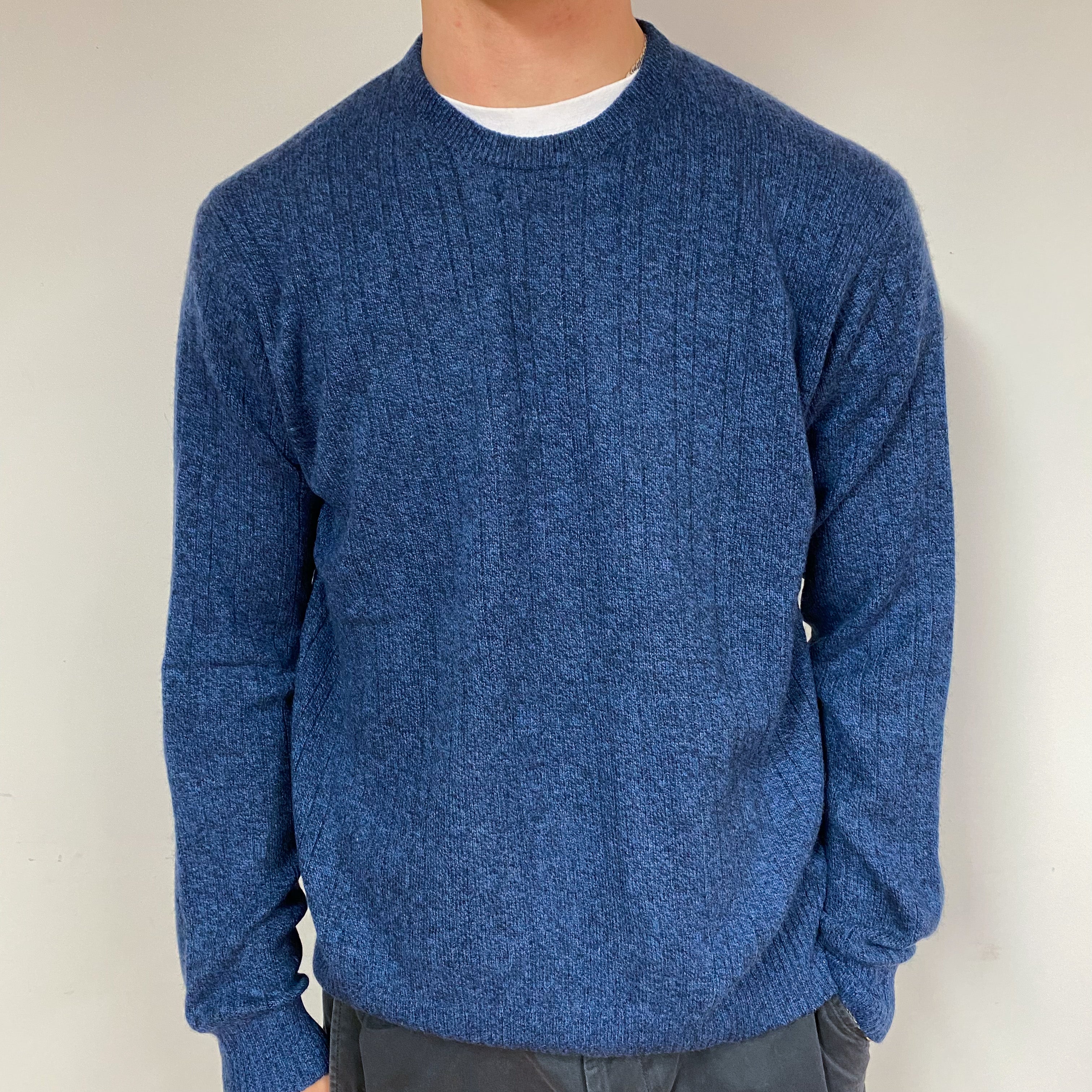 Men's Navy Marl Rib Cashmere Crew Neck Jumper Large