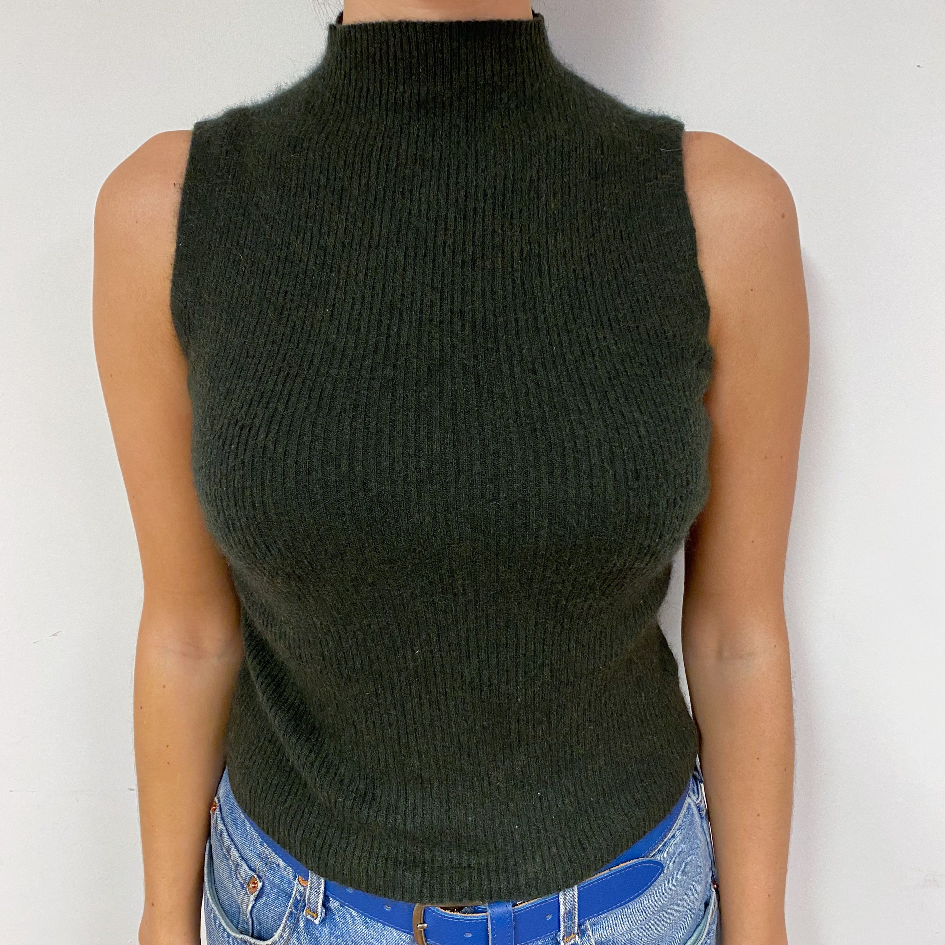 Darkest Khaki Green Sleeveless Turtle Neck Jumper Small