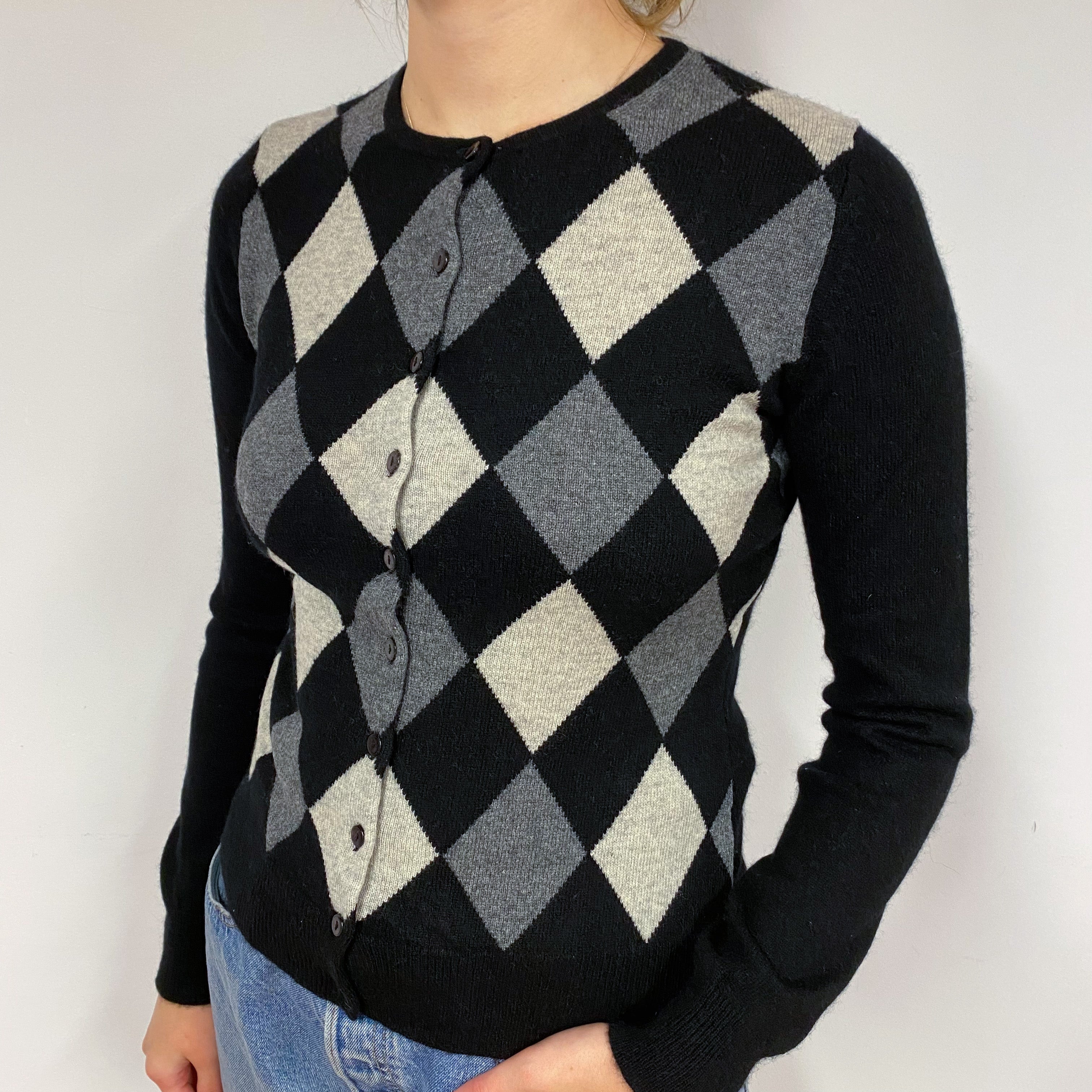 Black and Grey Diamond Cashmere Cardigan Small