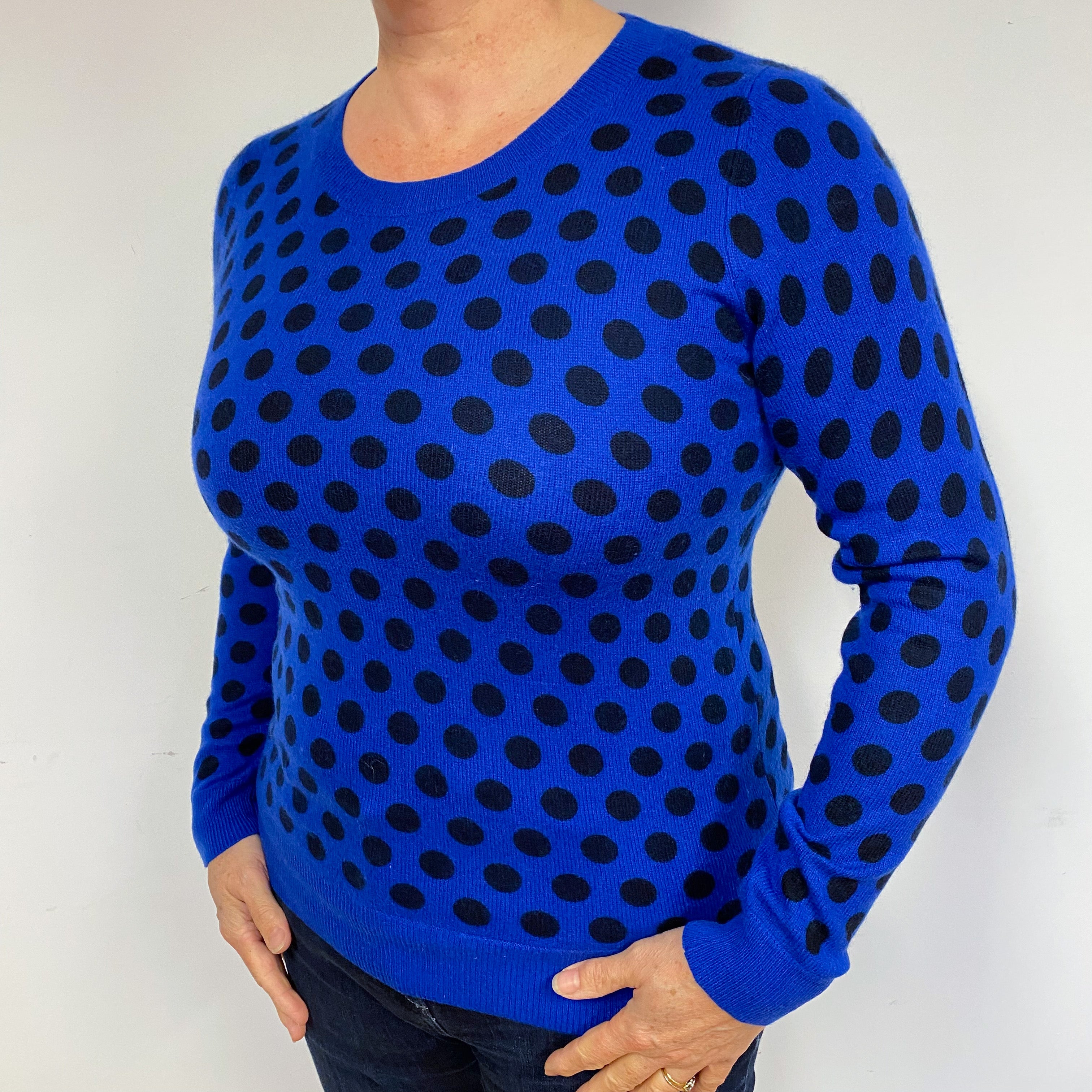 Cobalt Blue Spotty Cashmere Crew Neck Jumper Large