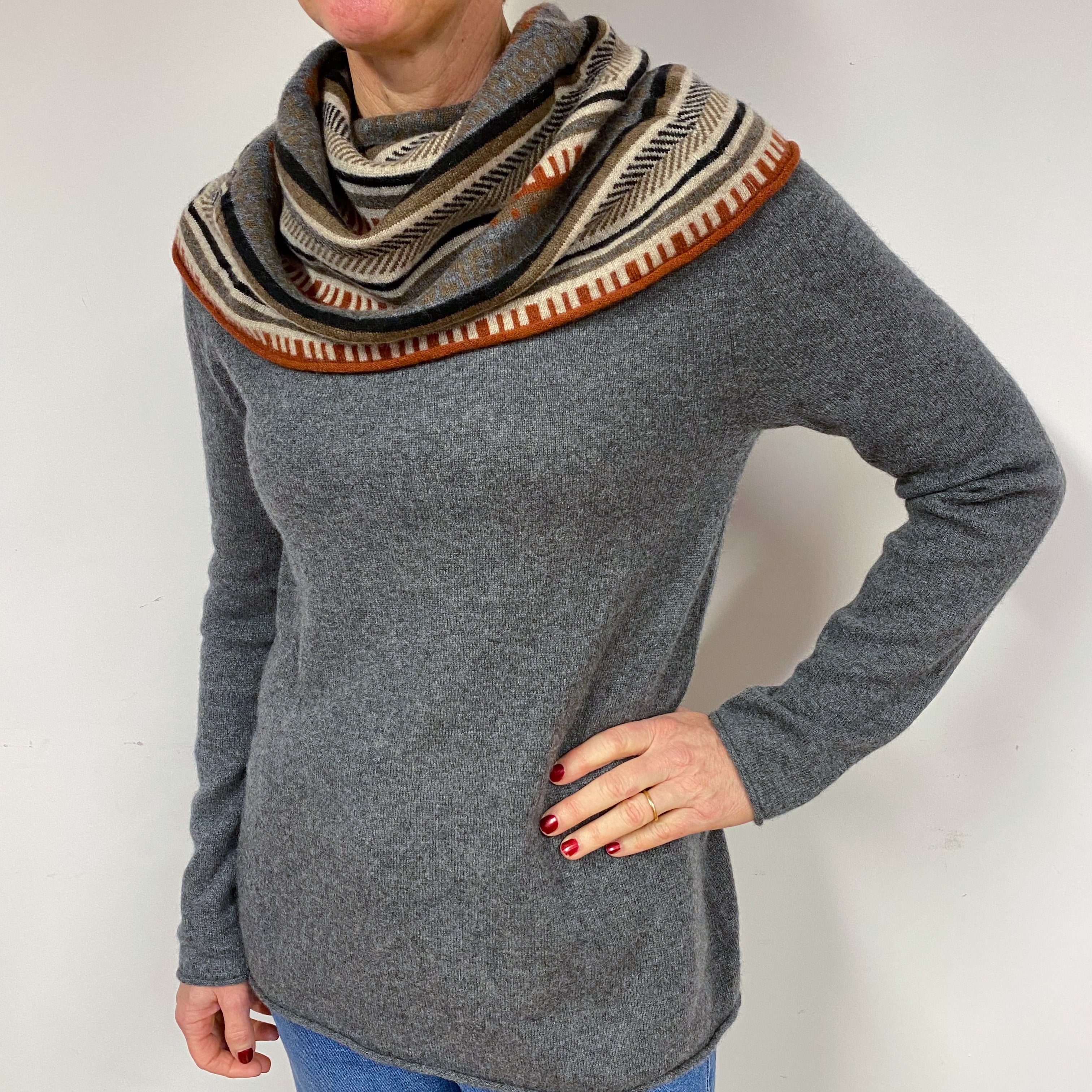 Grey Aztec Cashmere Cowl Neck Jumper Medium