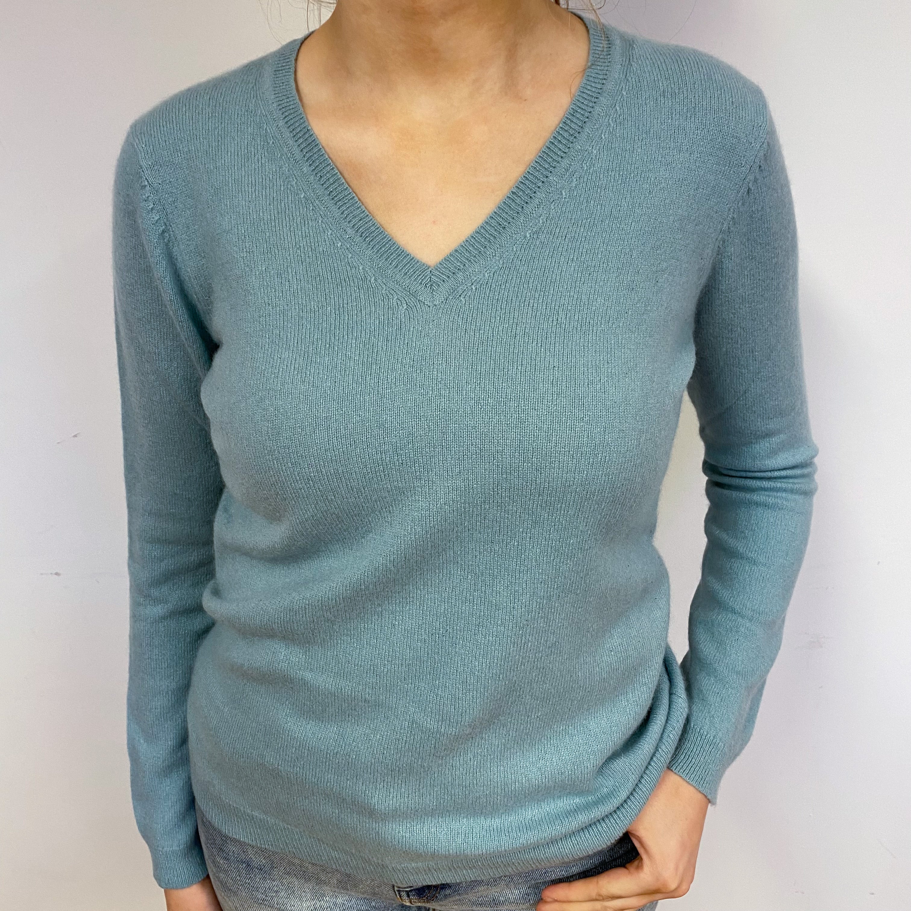 Duck Egg Blue Cashmere V-Neck Jumper Small