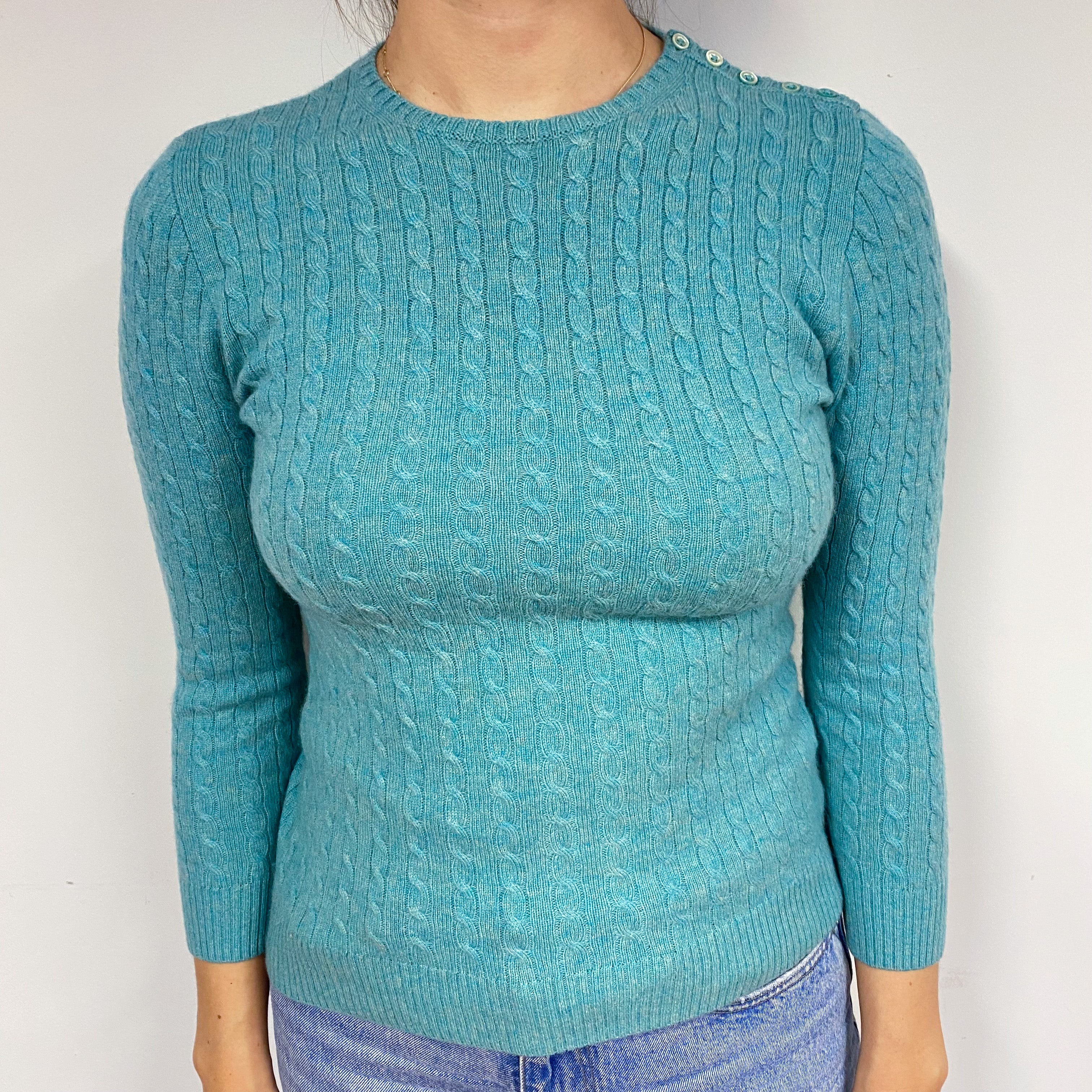 Sea Foam Green Cable Cashmere Crew Neck Jumper Small