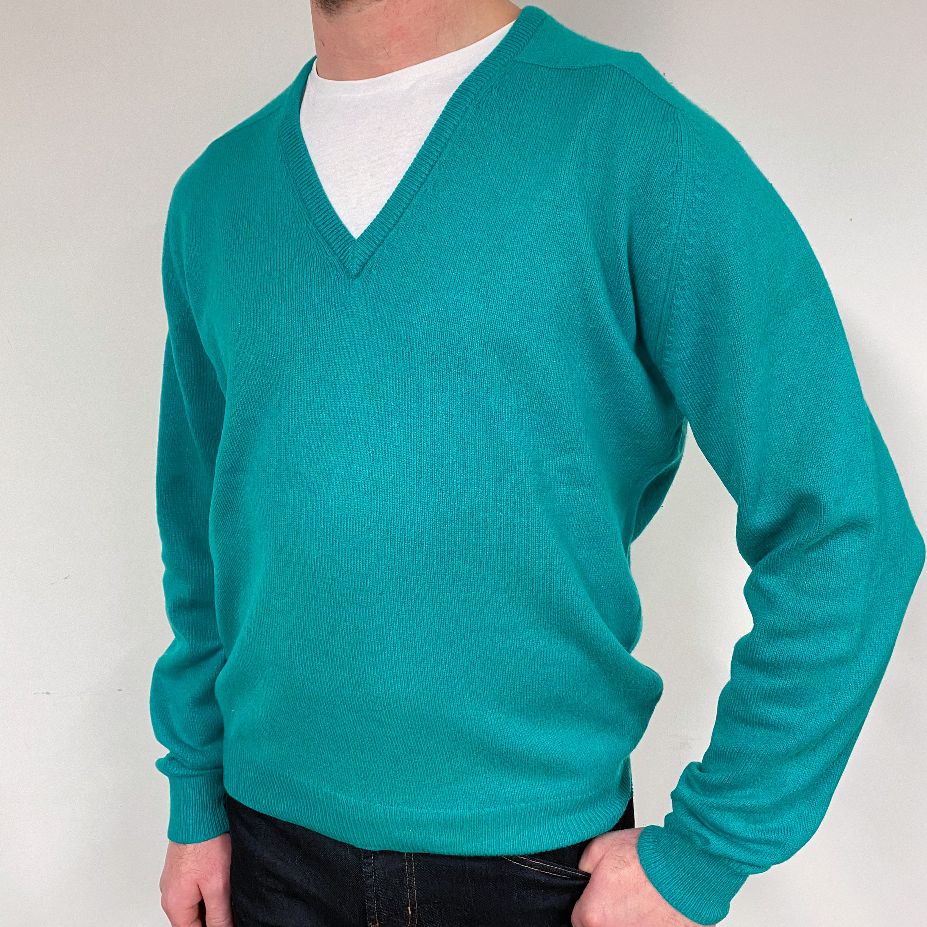 Men's Vintage Pringle Green Cashmere V-Neck Jumper Extra Large