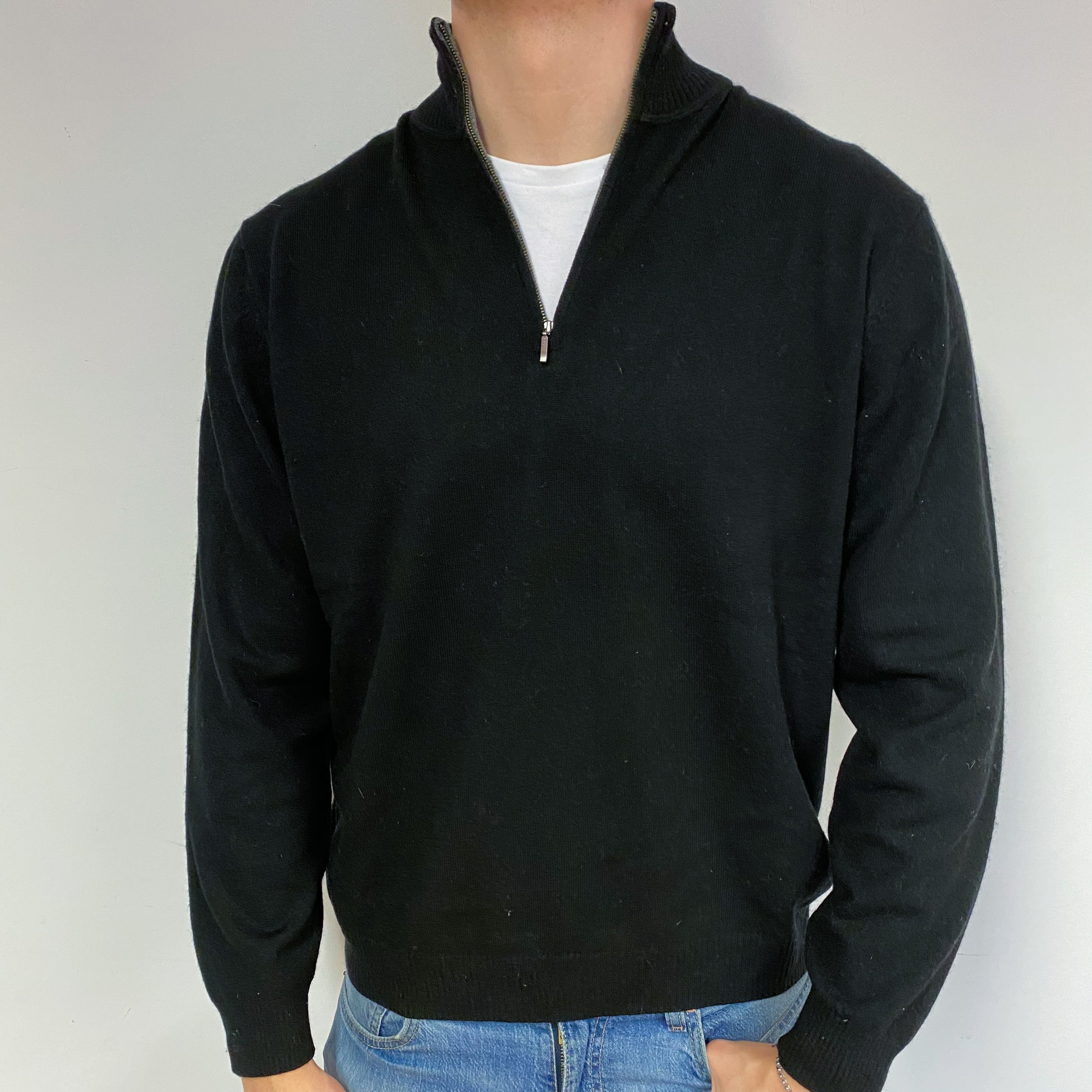 Men's Black Quarter Zip Cashmere V-Neck Jumper XXL