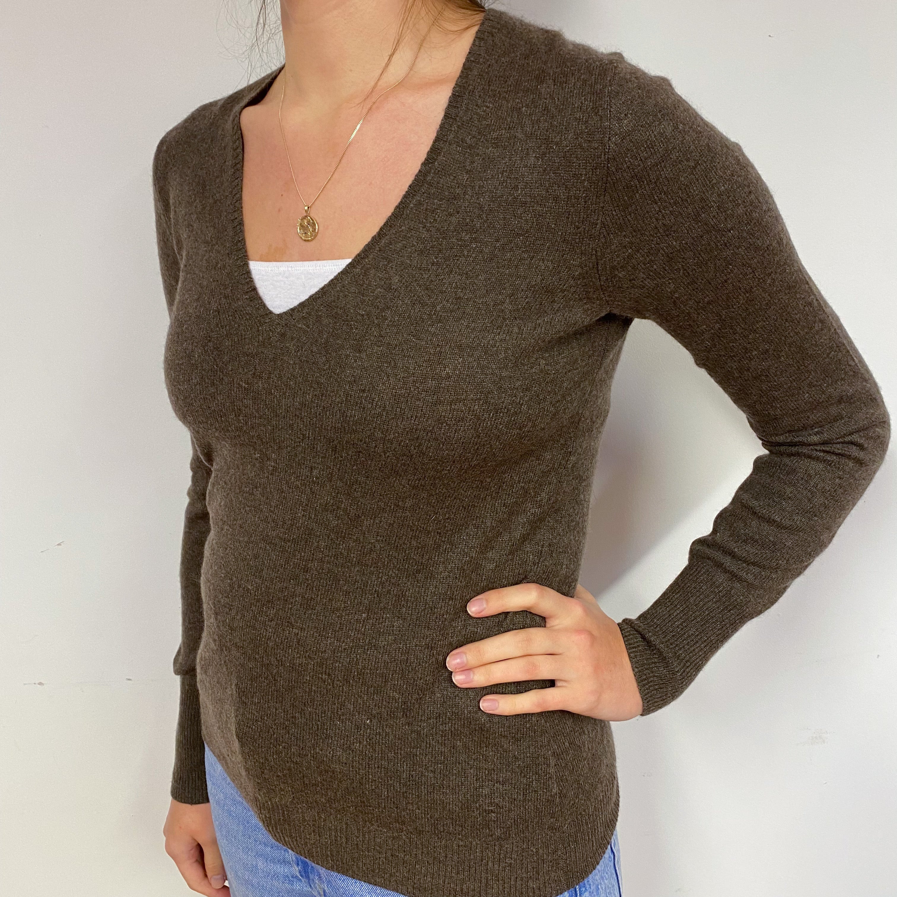 Mole Brown Cashmere V-Neck Jumper Small