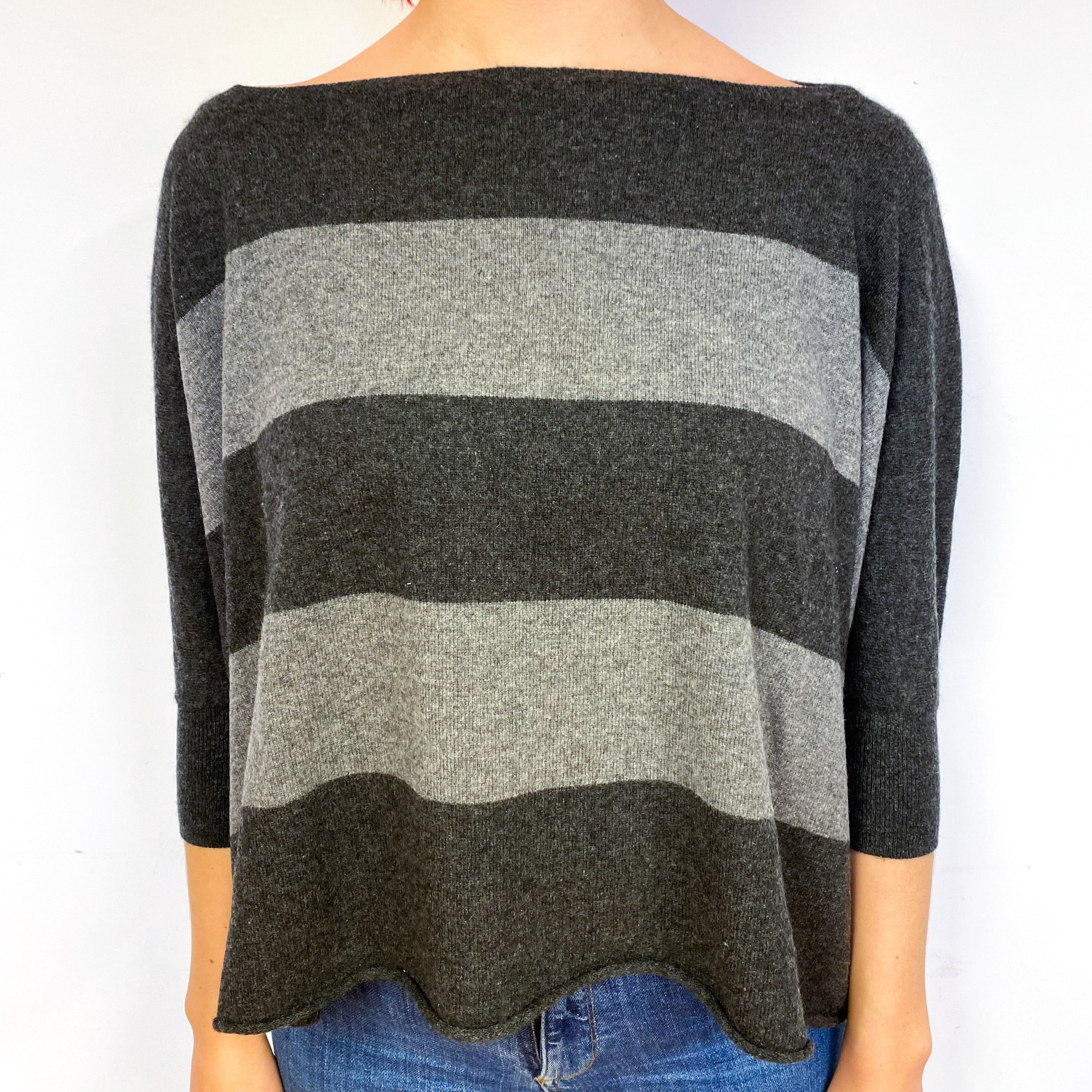 Vince Slouchy Grey Stripe Cashmere Crew Neck Jumper Small