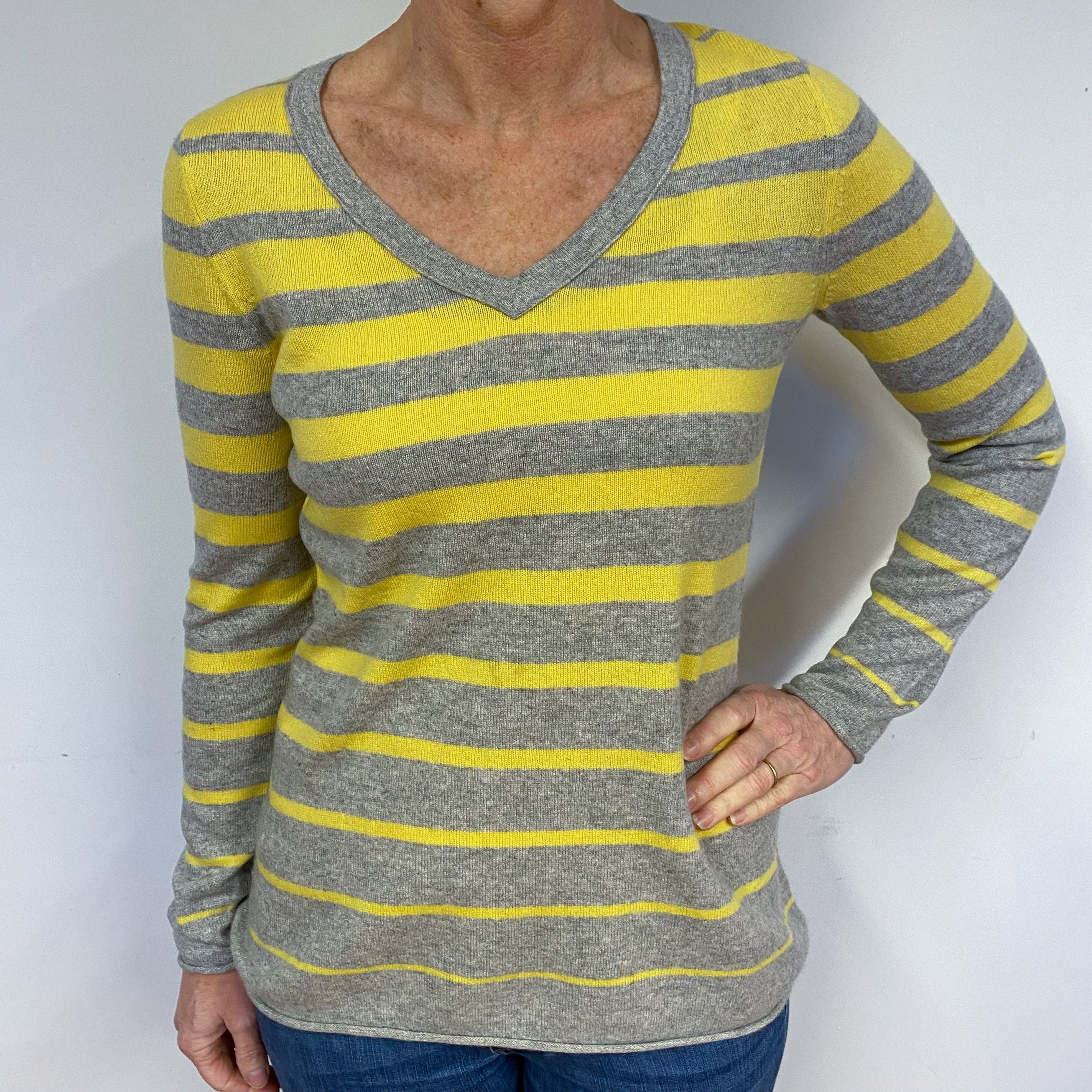 Yellow and Grey Stripe Cashmere V-Neck Jumper Medium