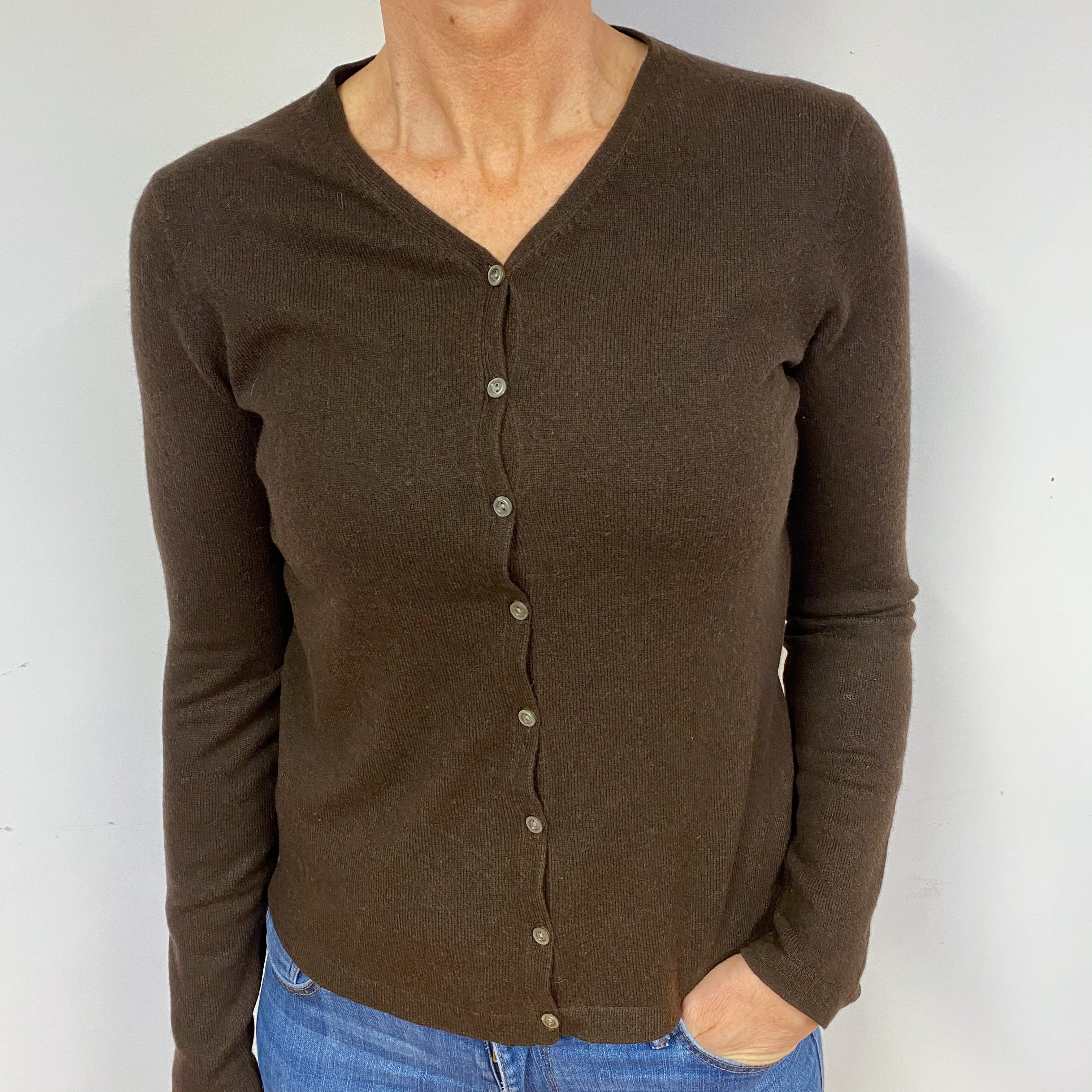 Dark Chocolate Brown Cashmere V-Neck Cardigan Medium