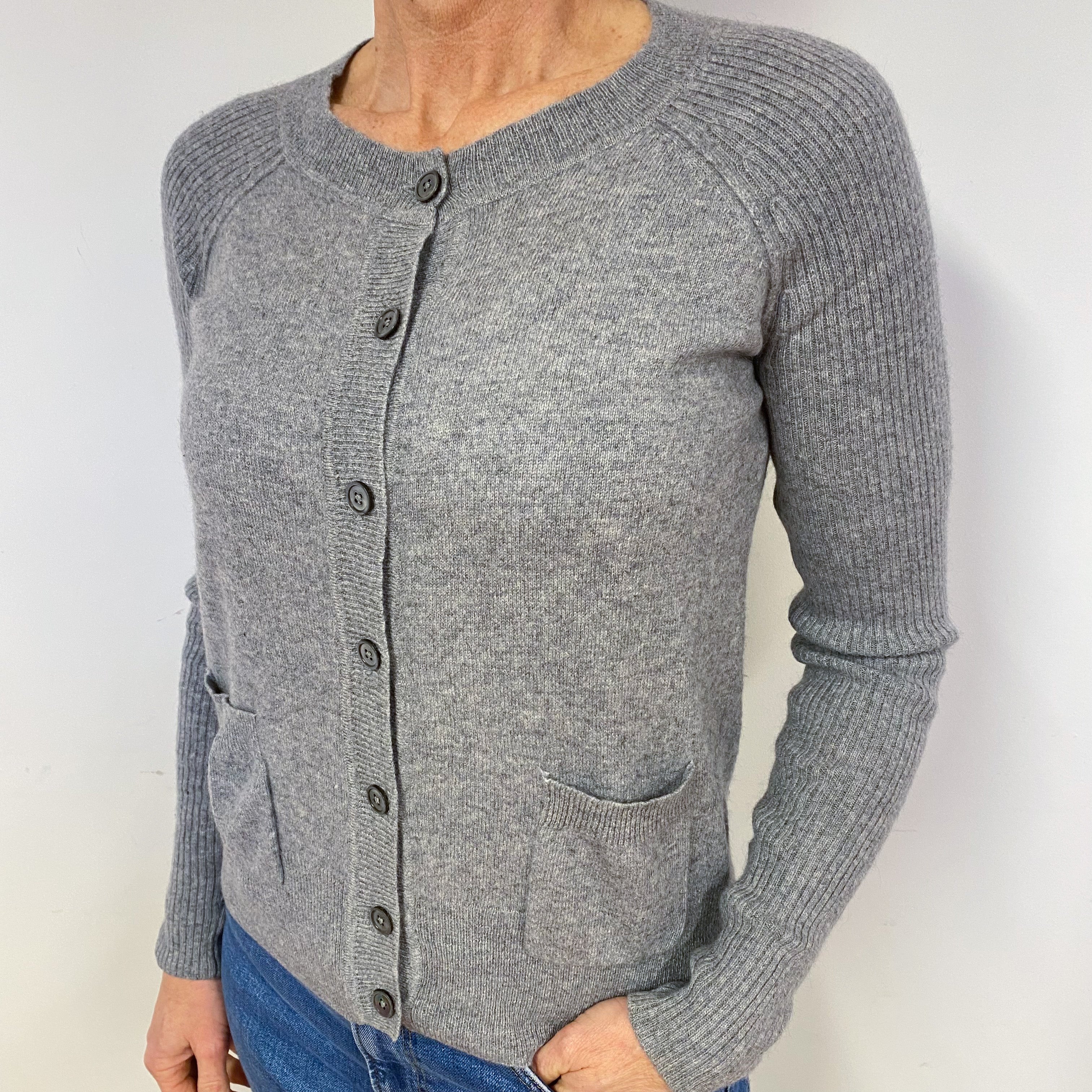 Steel Grey Cashmere Crew Neck Cardigan Medium