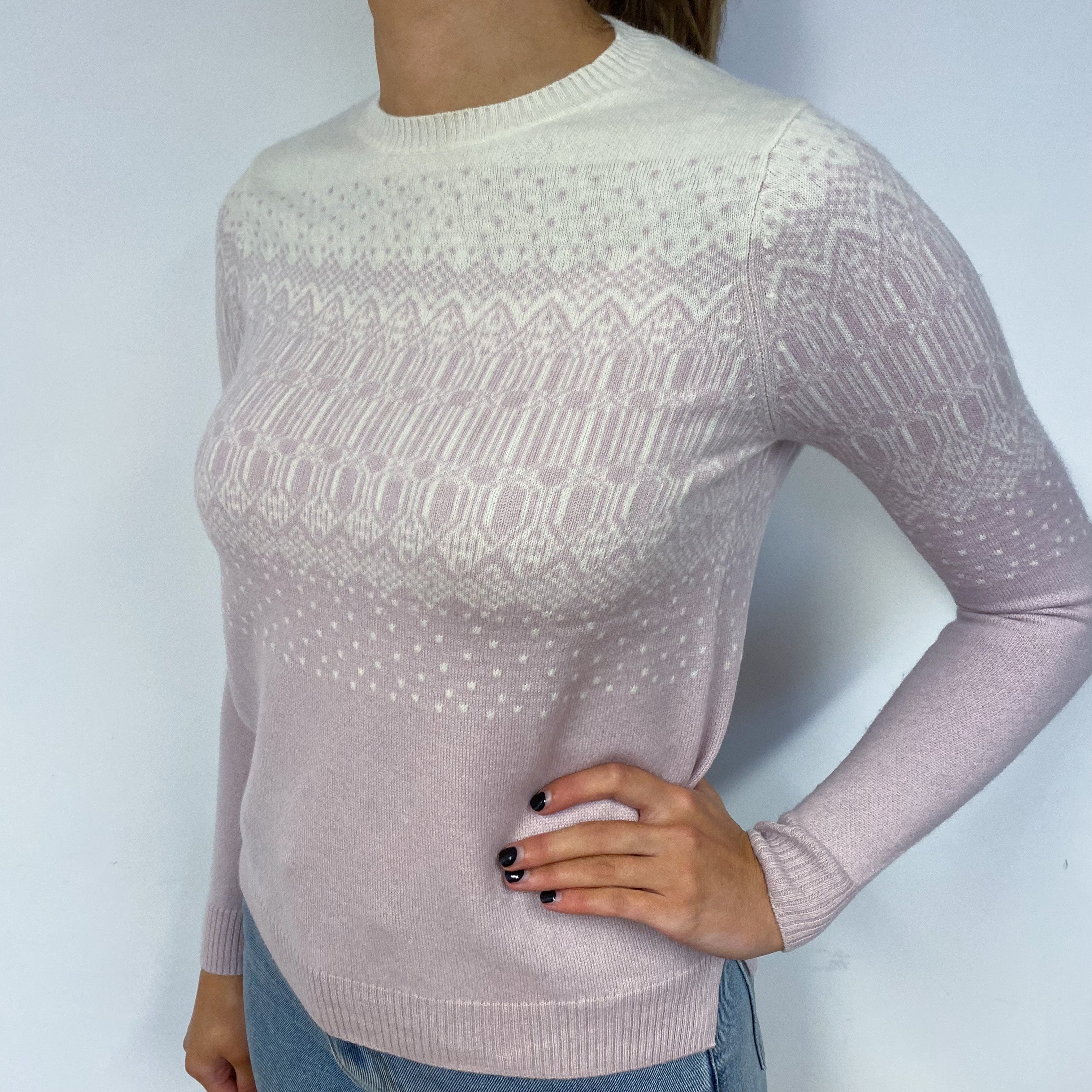 Ivory and Faded Heather Pink Cashmere Crew Neck Jumper Small