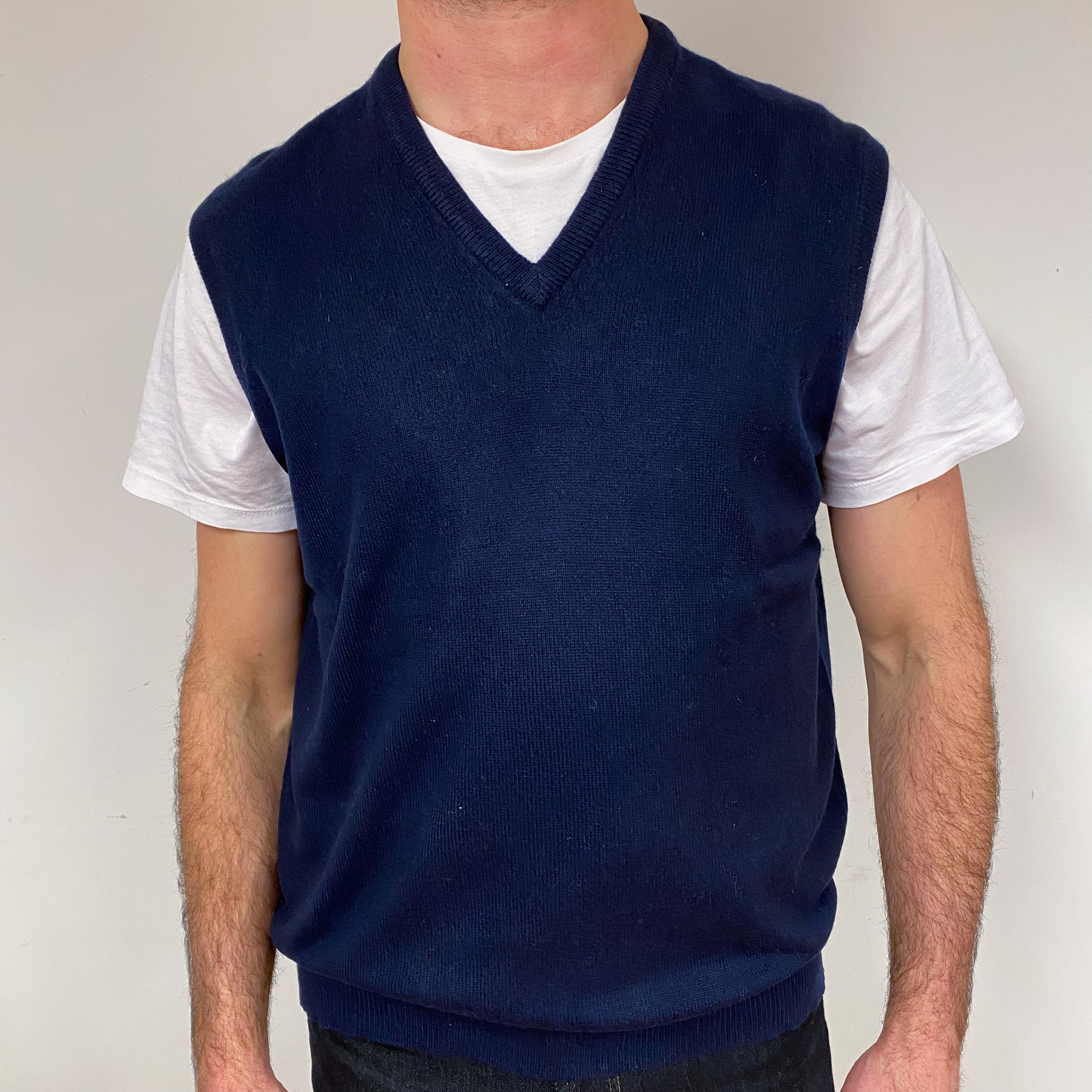 Men's Navy Blue Cashmere V-Neck Tank Top Extra Large