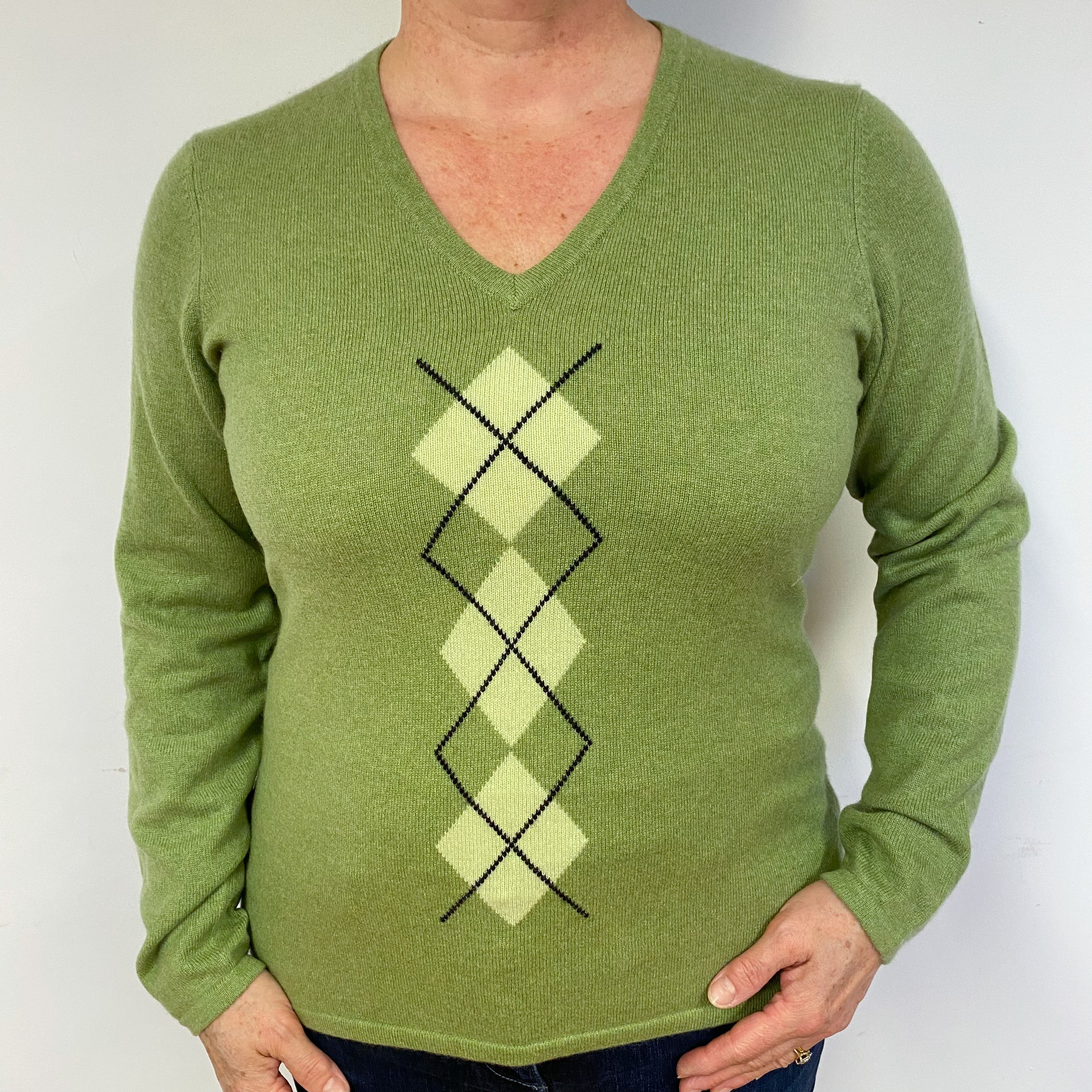 Pear Green Diamond  Cashmere V-Neck Jumper Large.