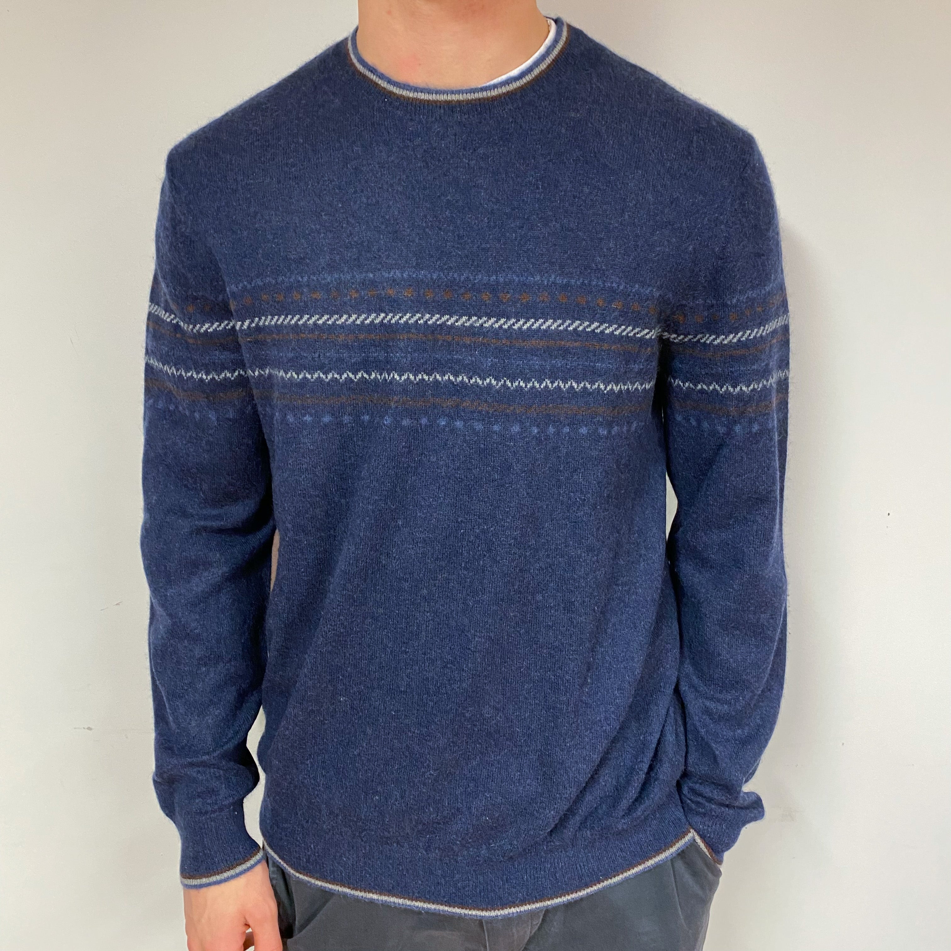 Men's Navy Stripe Cashmere Crew Neck Jumper Large