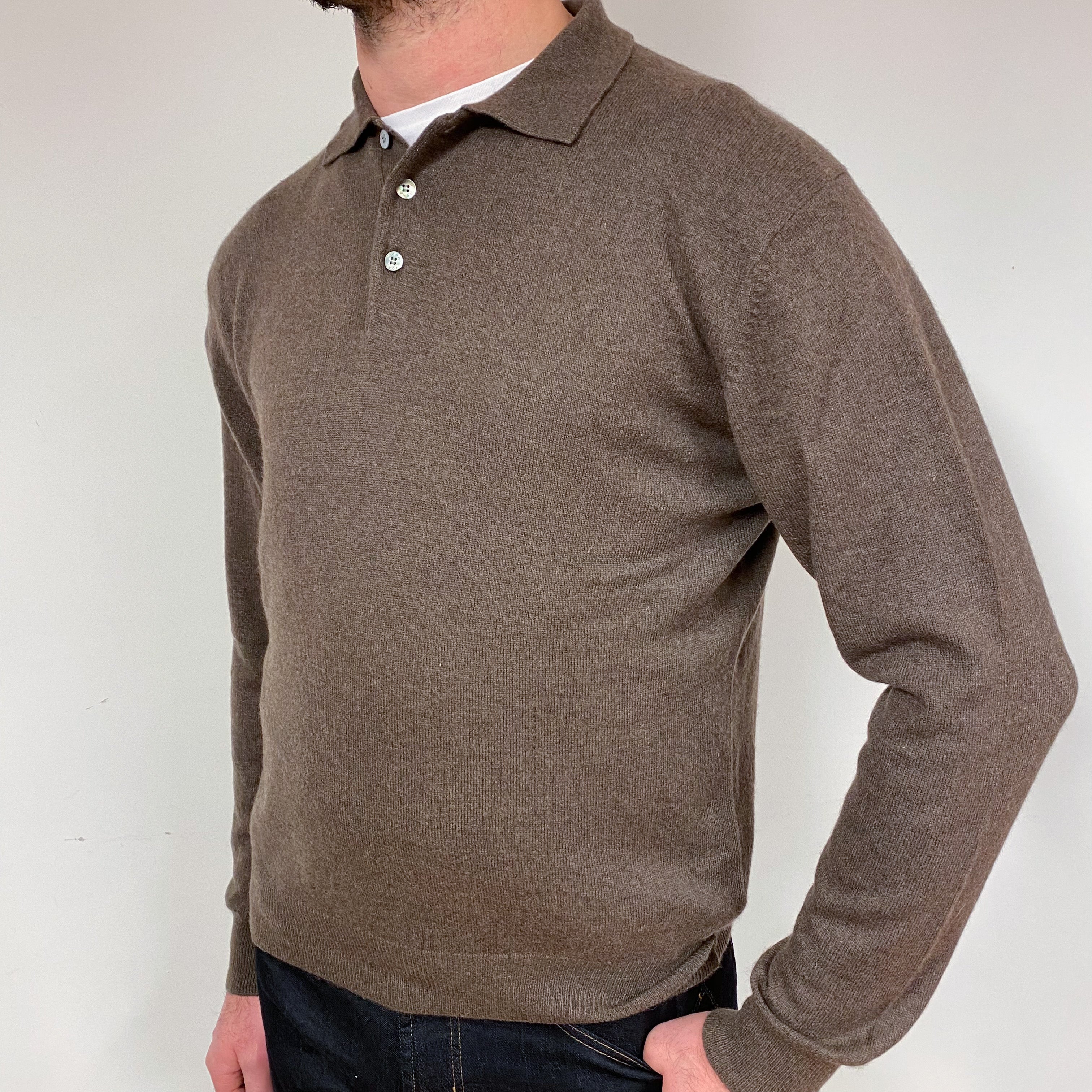 Men's Mole Brown Collared Cashmere 1/4 Button Jumper Extra Large