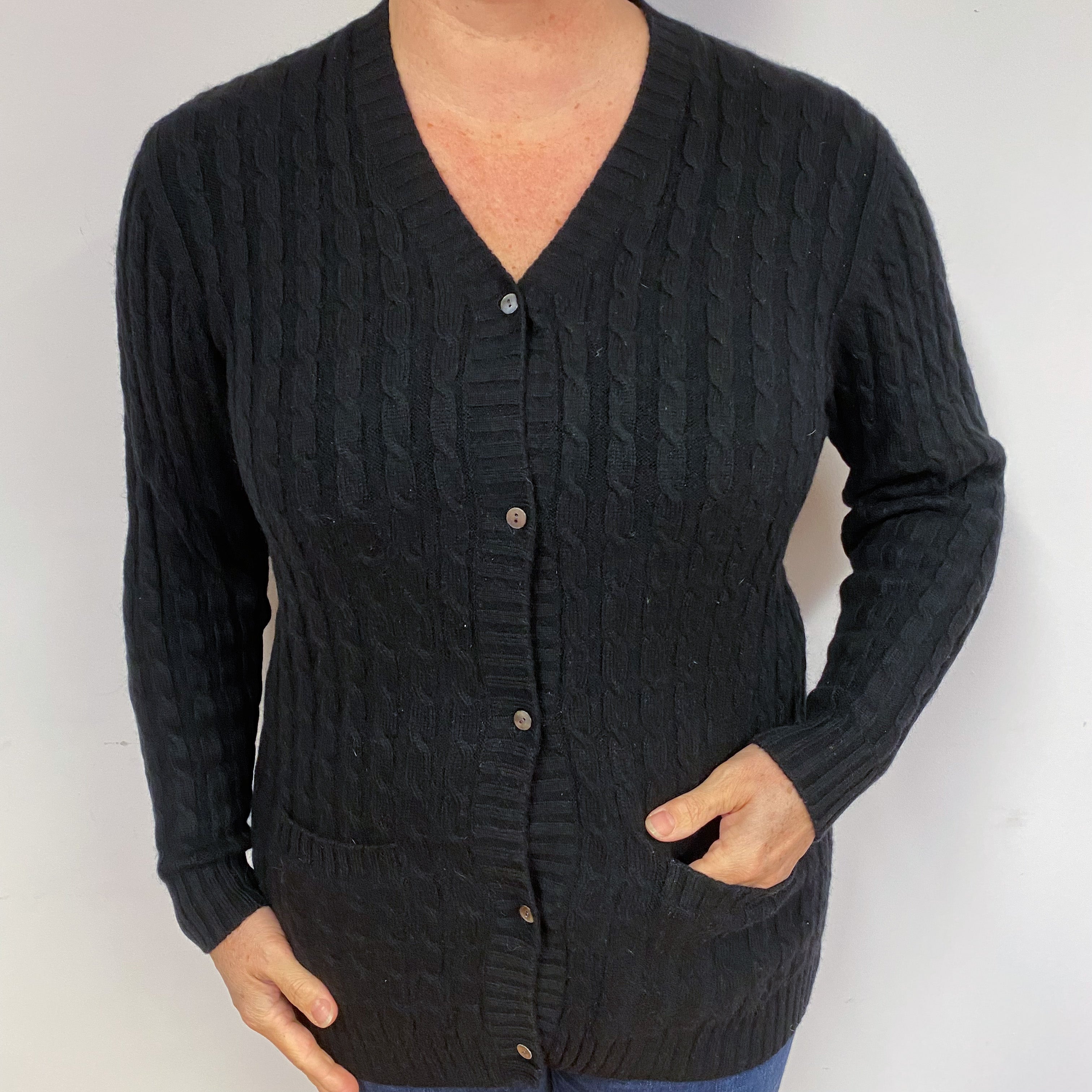 Chunky Black Cashmere Cardigan Large