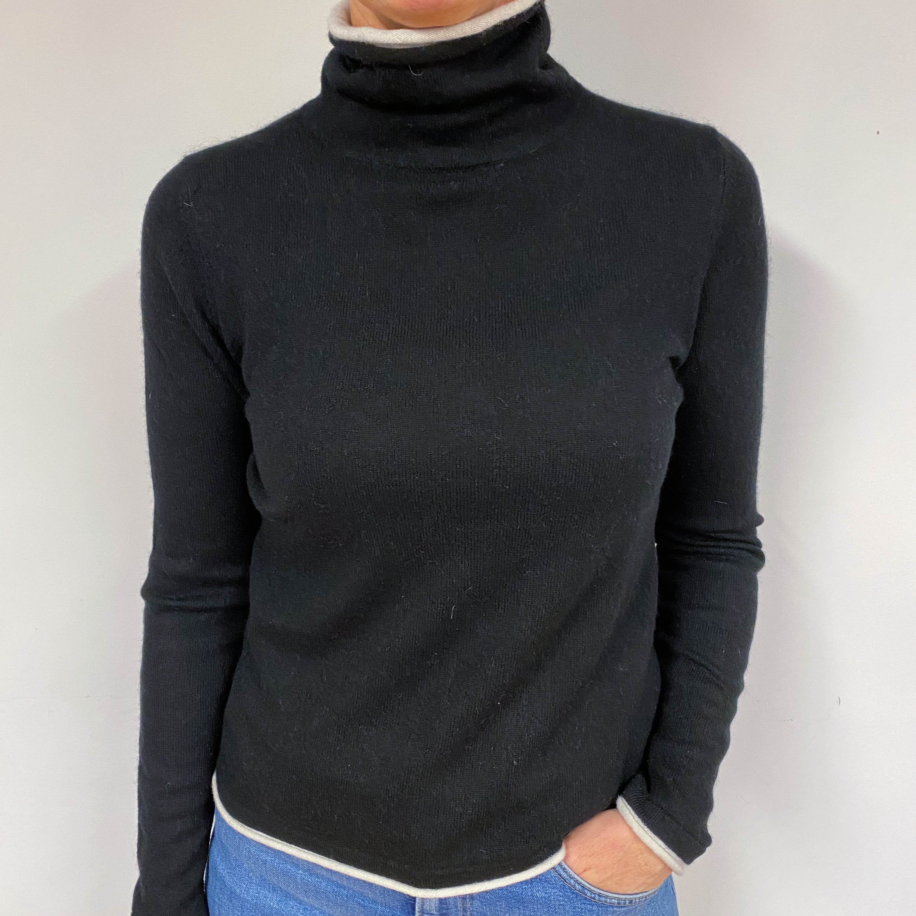 Black Ivory Trim Cashmere Turtle Neck Jumper Medium