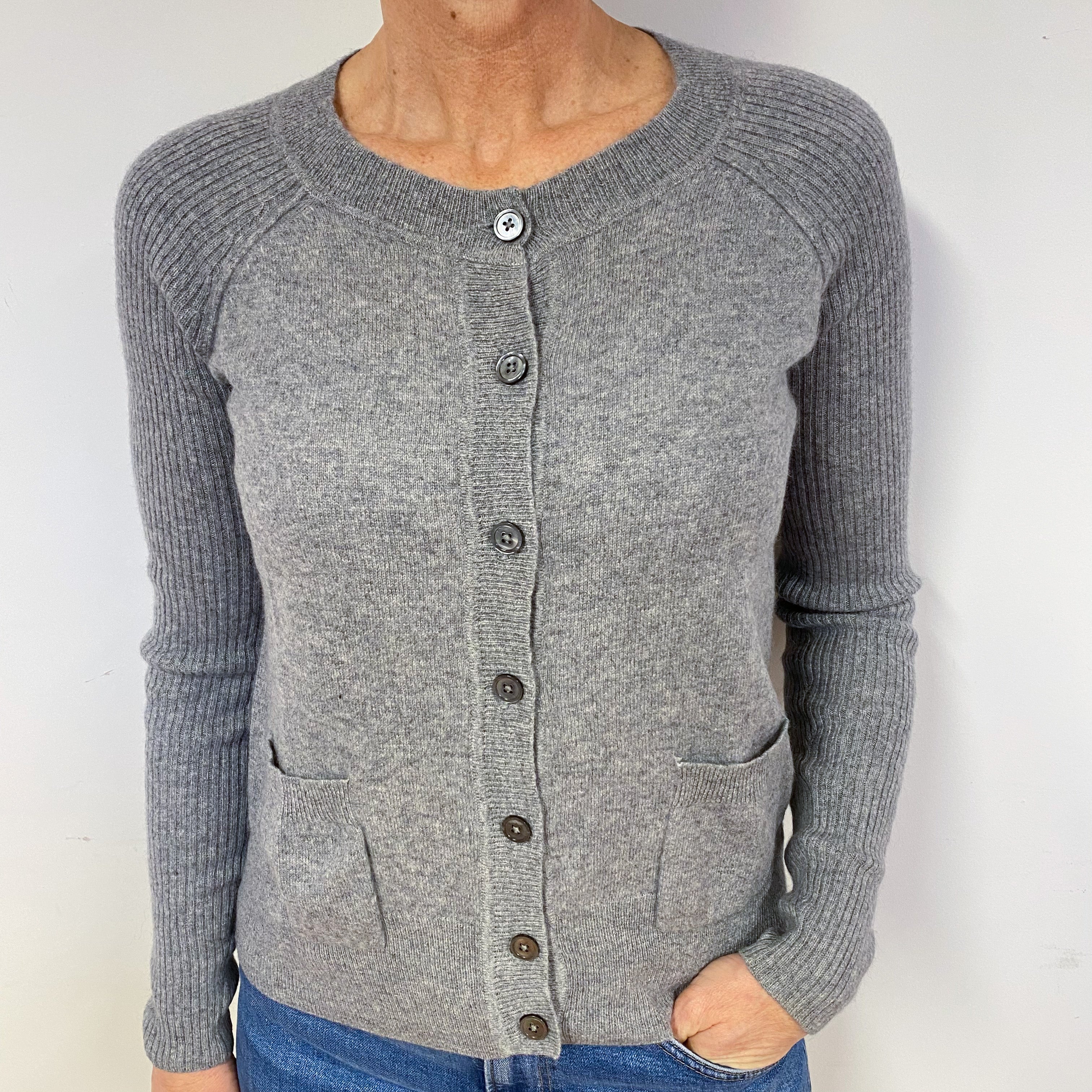 Steel Grey Cashmere Crew Neck Cardigan Medium