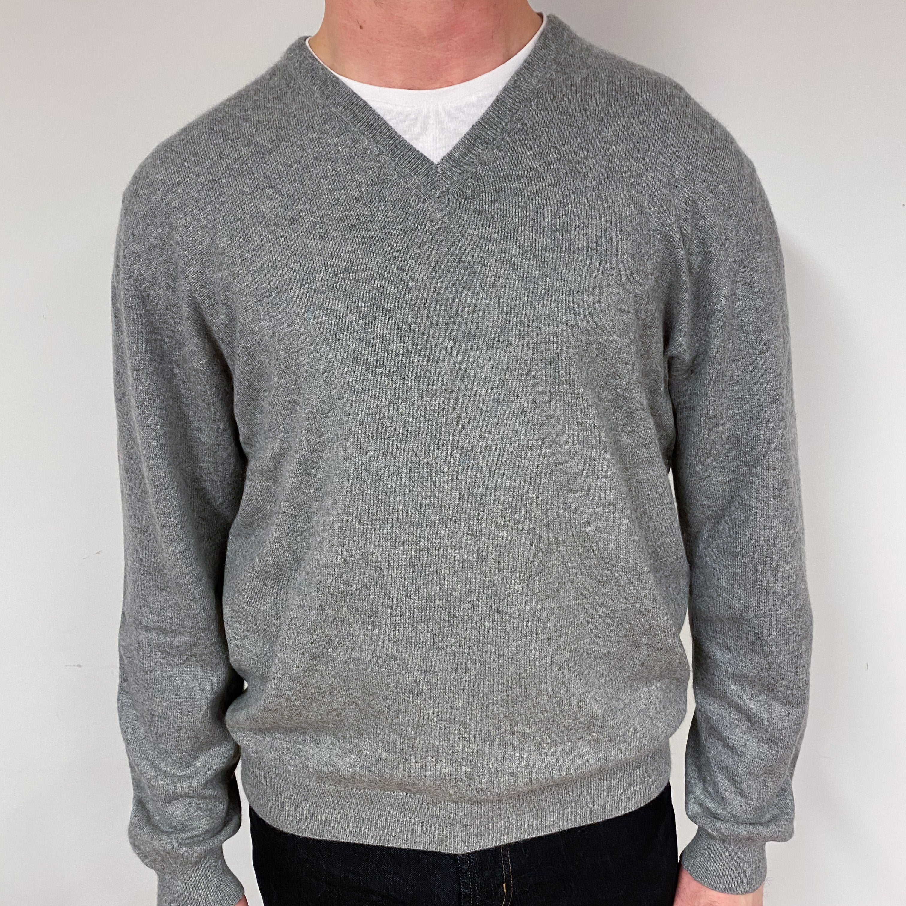 Men's Ash Grey Cashmere V-Neck Jumper Extra Large