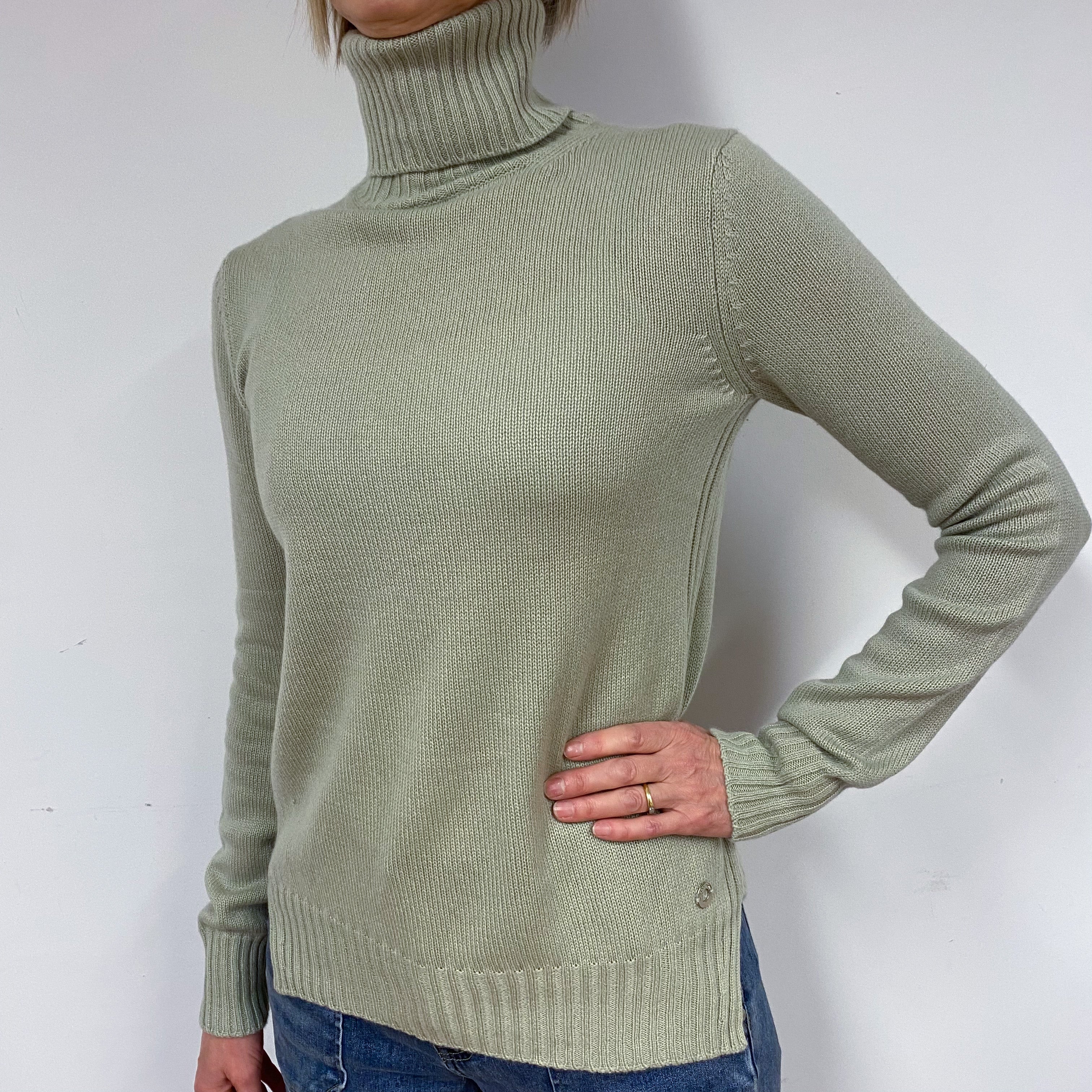 Loro Piana Chicory Green Cashmere Polo Neck Jumper Small