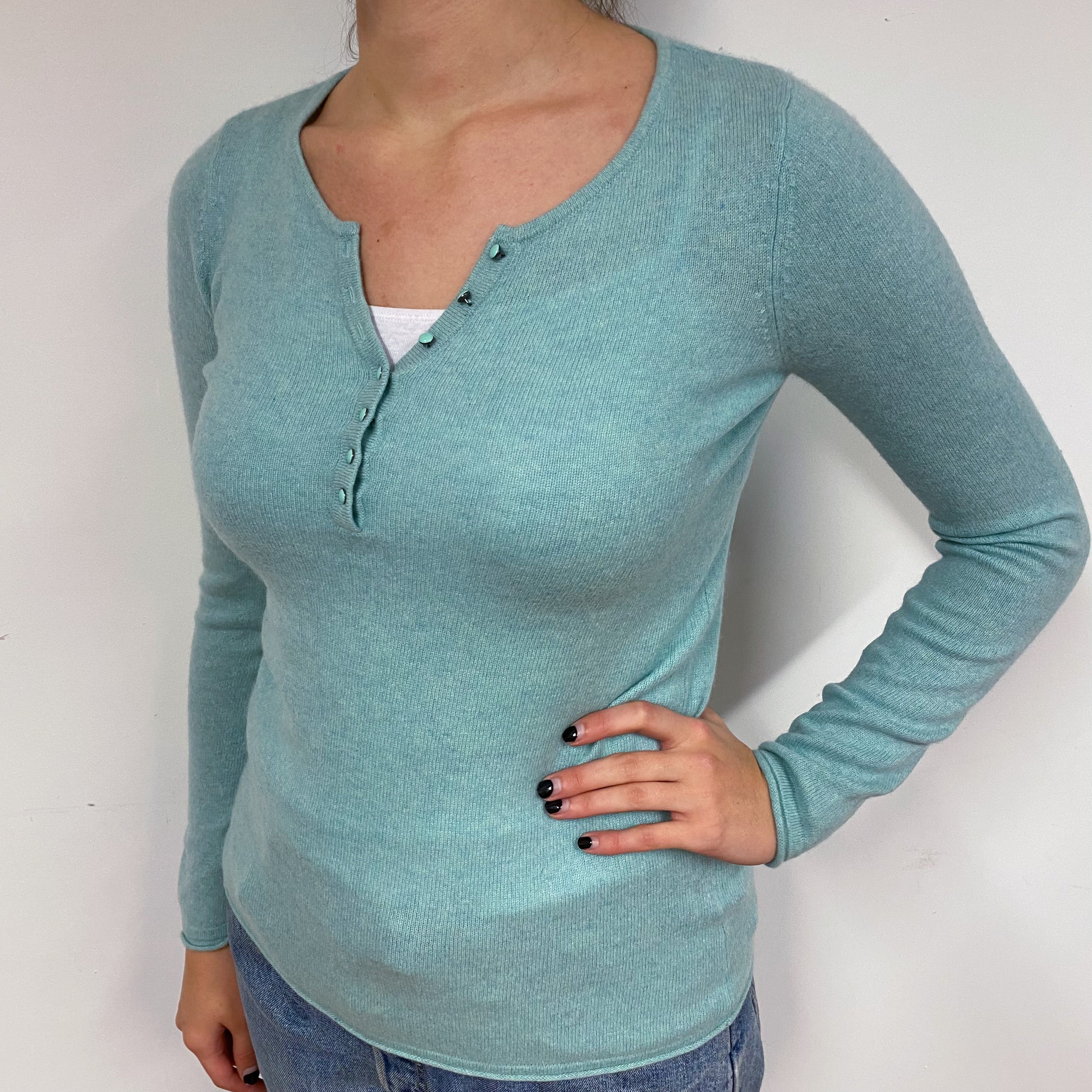 Mint Green Buttoned Cashmere V-Neck Jumper Small